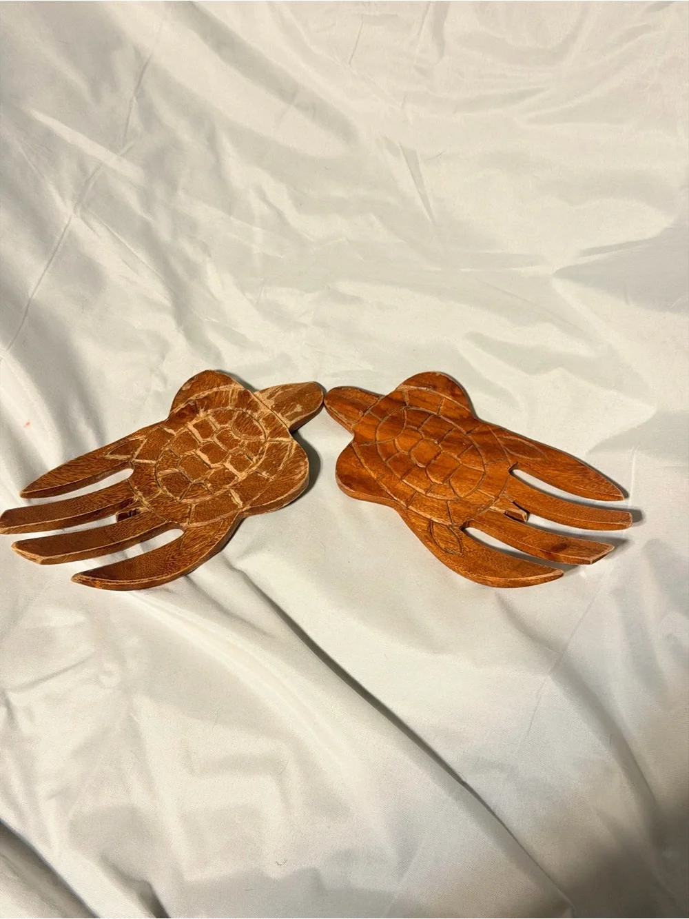 Vintage Carved Wood Sea Turtle Salad Servers Hawaiian Coastal Tiki Pair